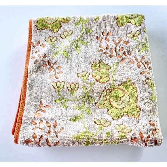 Vintage 80s small bath towel, mint green and  peach floral towel, reversible - Picture 1 of 10